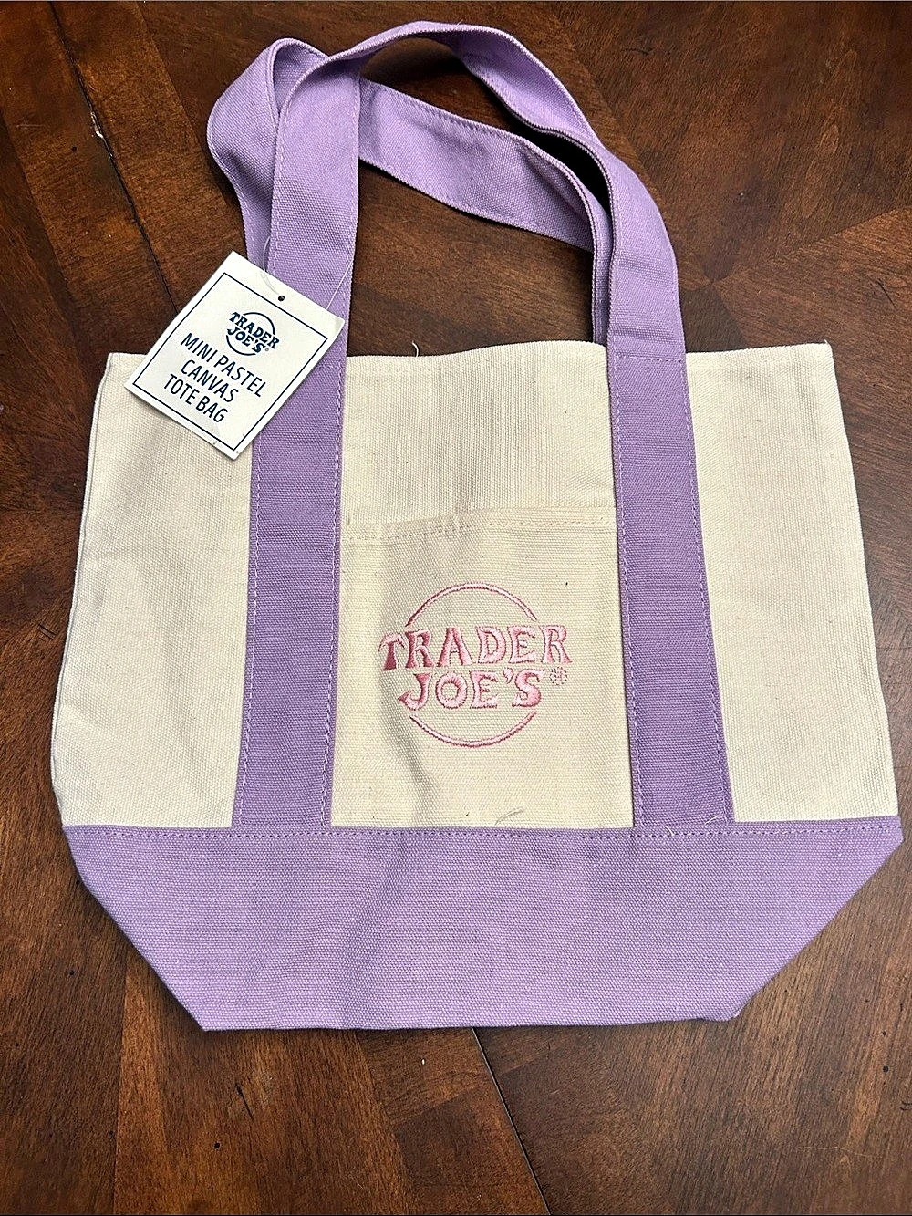 Trader Joe's Mini Pastel Canvas Tote Bag Purple & Cream NWT